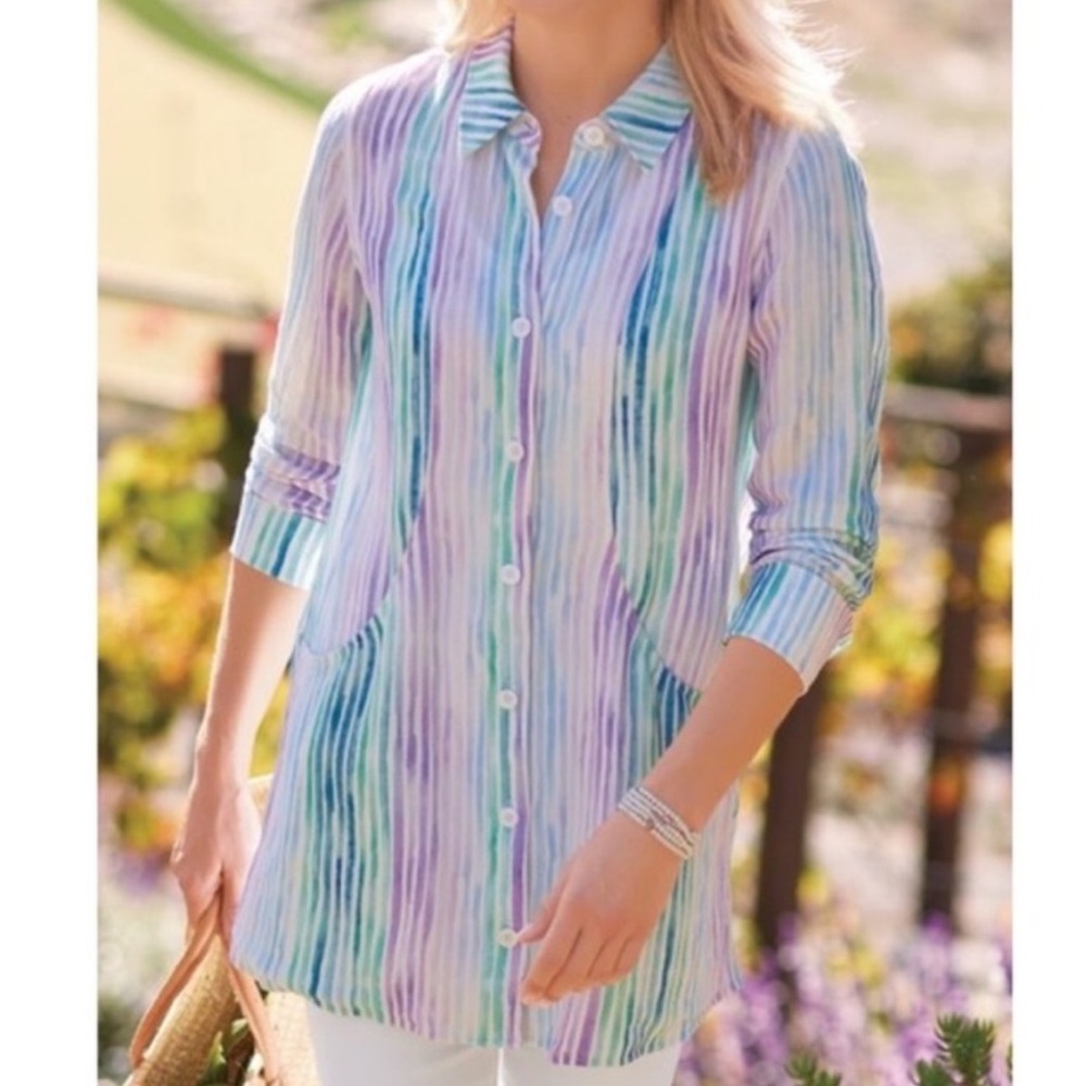 Soft Surroundings Sz PM Colorful Striped Gauze Lagenlook Pockets Cia Tunic Top